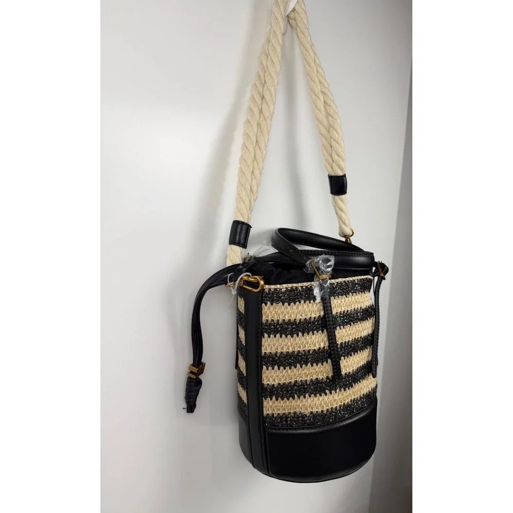 Steve Madden B-Rope Woven Straw Bucket Bag Striped Black Tan Nautical Rope Strap